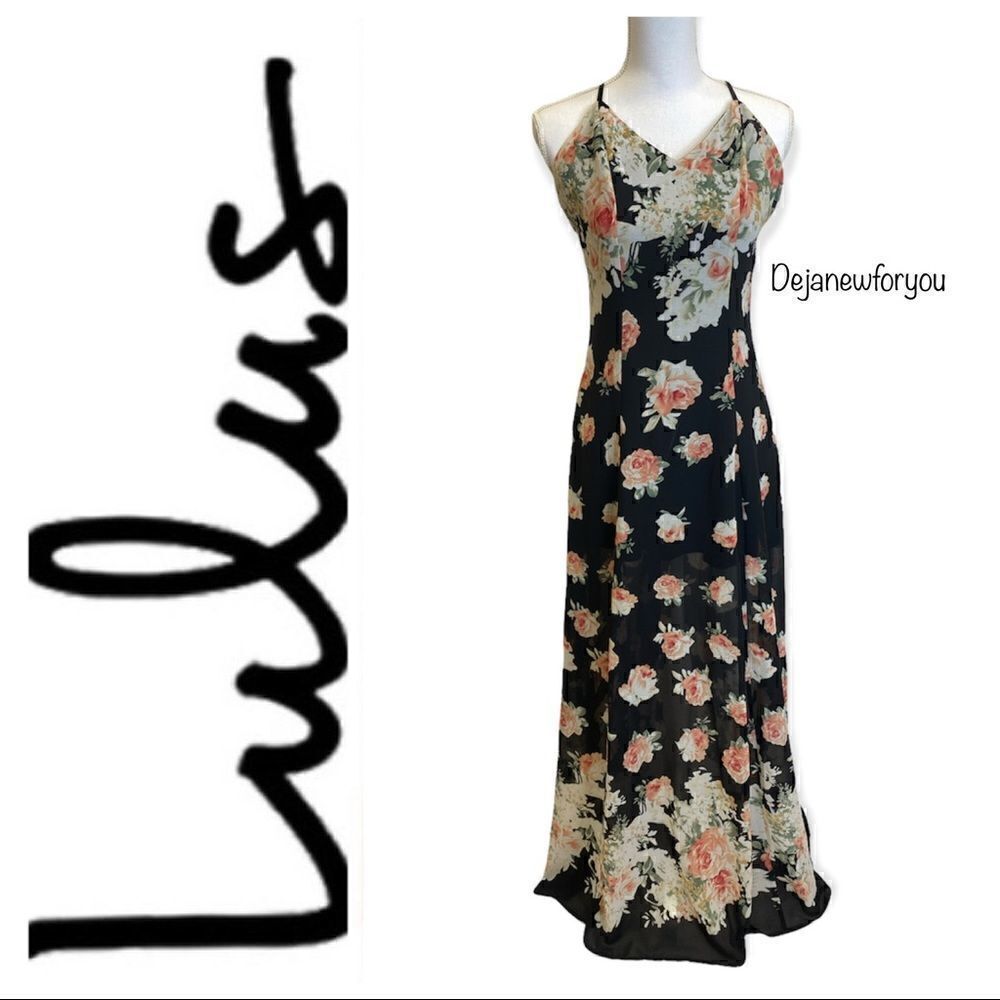 Lulu’s Black Floral Print Maxi Dress Size XS